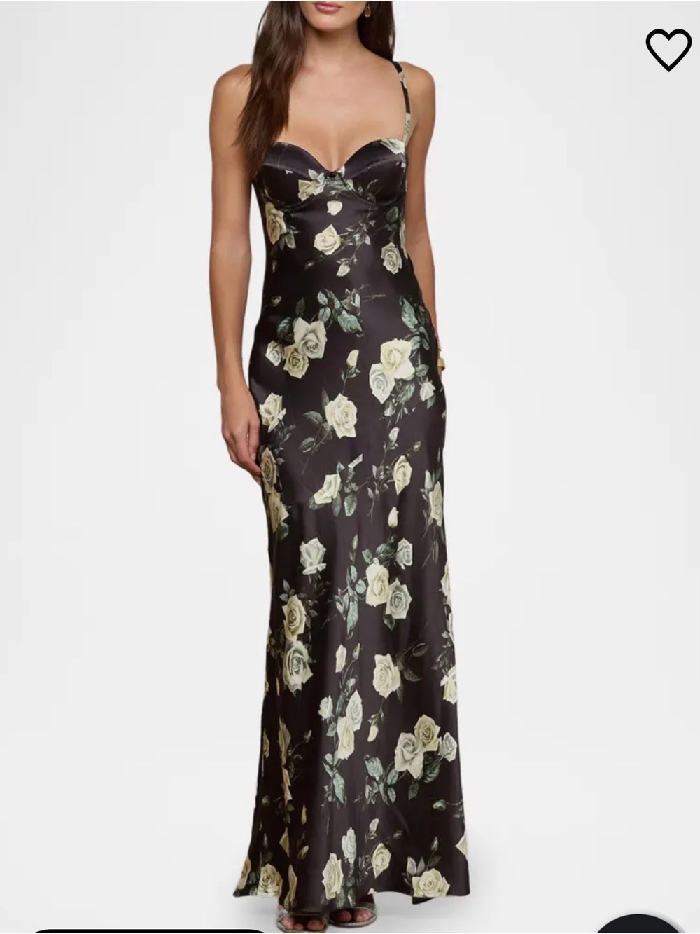 L'AGENCE Sayla Black Satin Maxi Silk Slip Dress with Ivory Rose Print